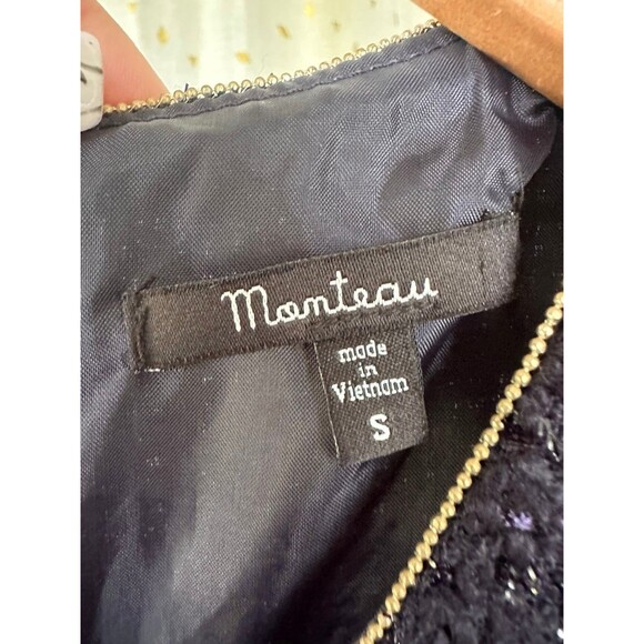 Monteau Navy Metallic Tweed Gold Hardware Trim Front Open Pockets Shift Dress S - Picture 6 of 7